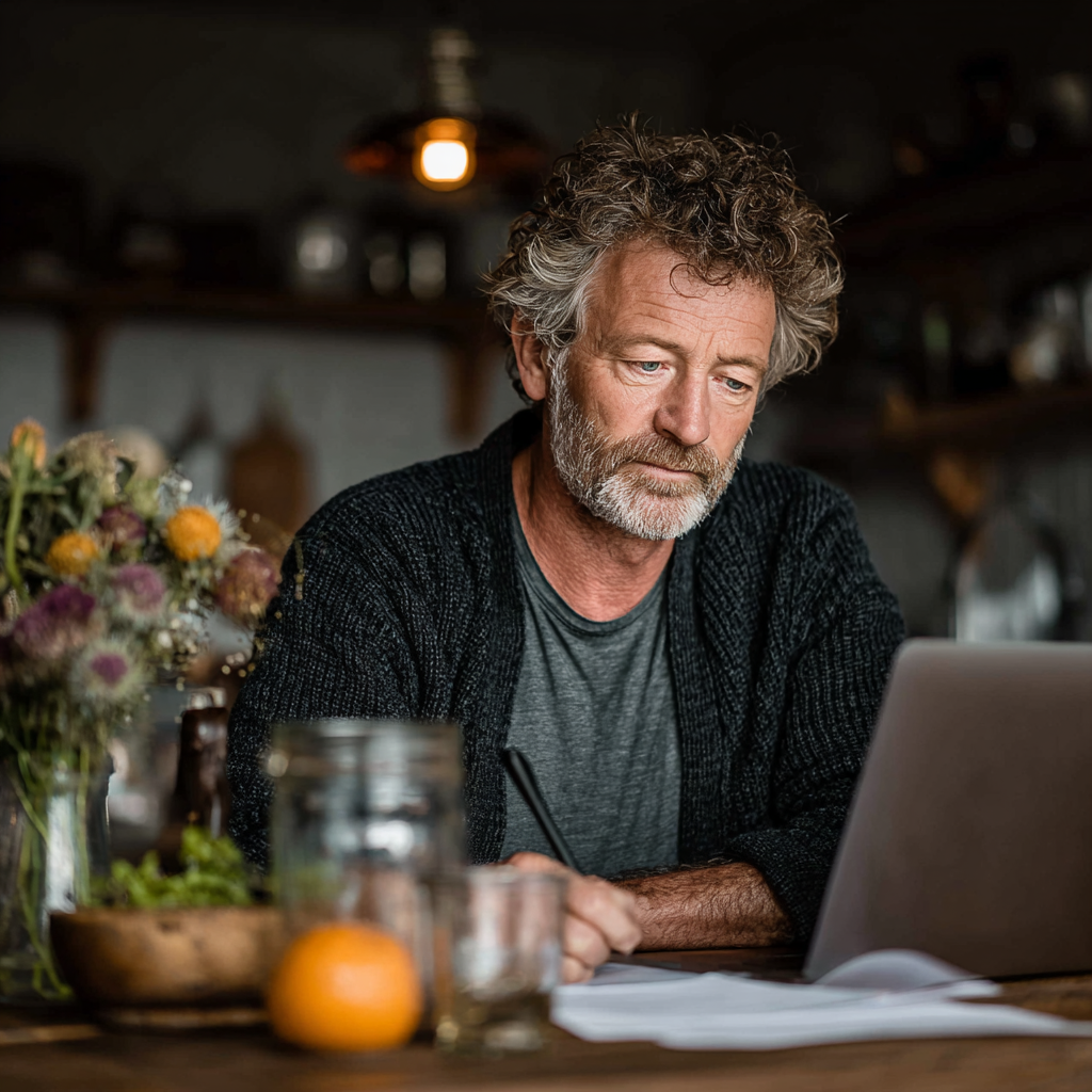 Чоловік 58 років переглядає персональний план харчування на комп'ютері у своєму домашньому офісі
