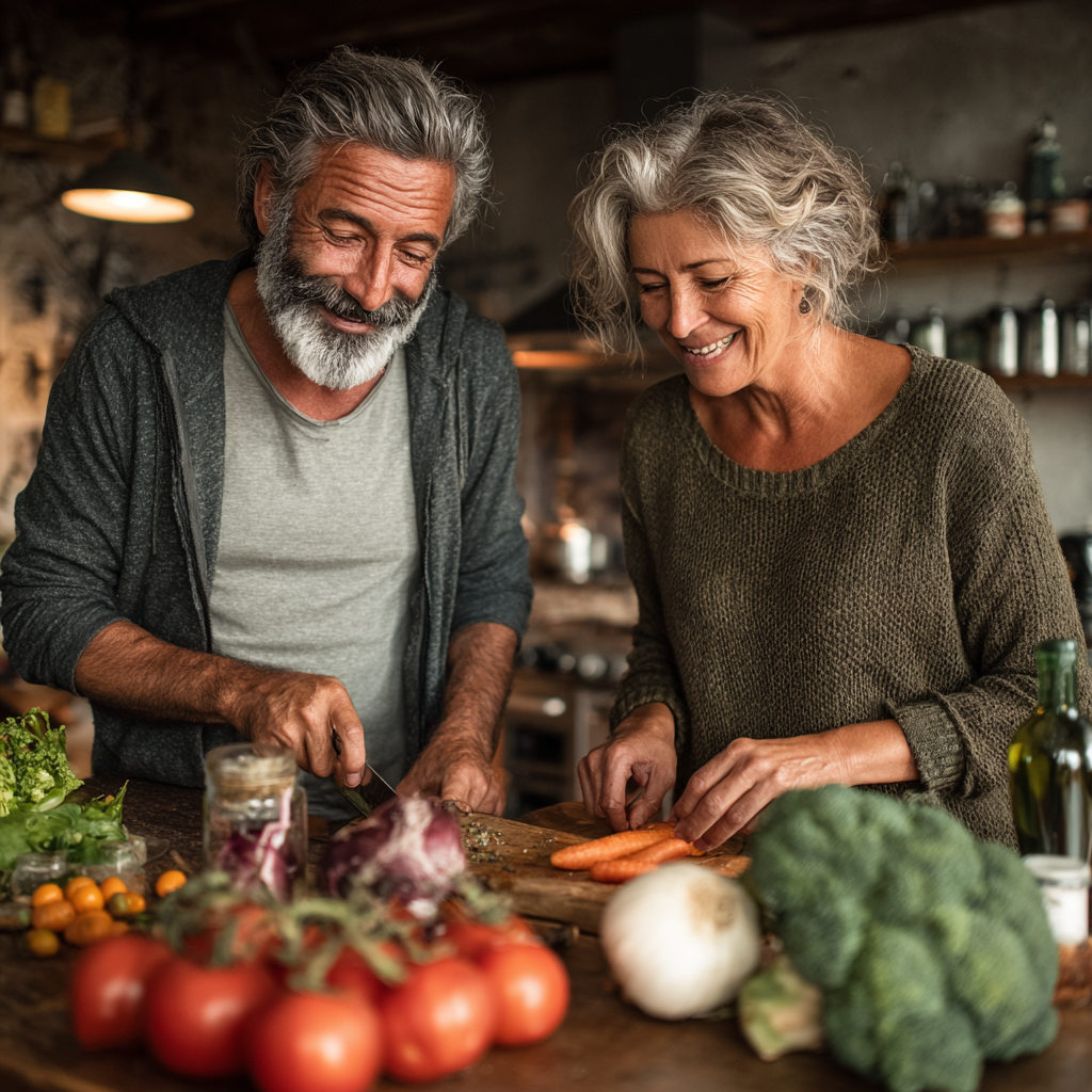 Подружня пара 52-57 років готує здорову їжу разом на кухні, посміхаючись та насолоджуючись процесом