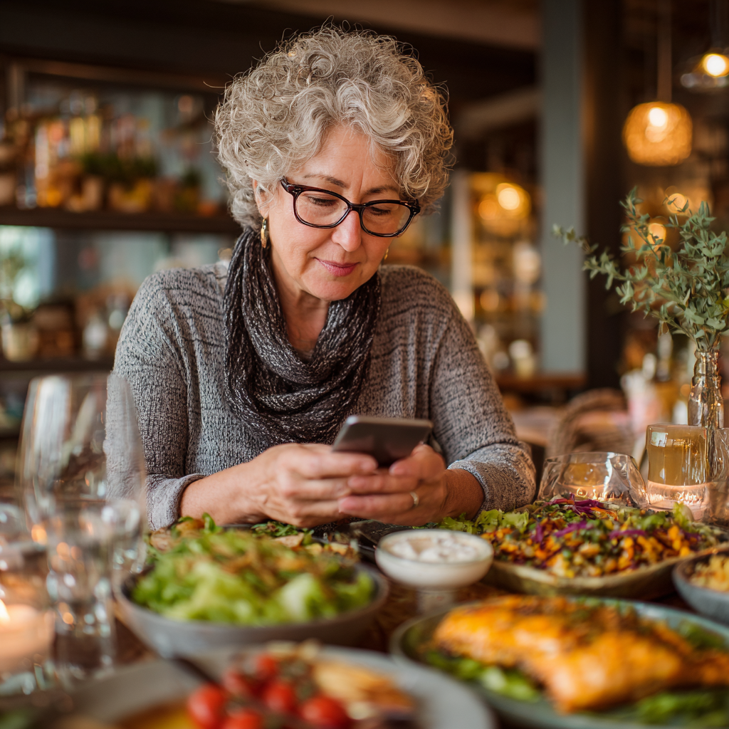 Жінка 53 років переглядає персоналізоване меню на смартфоні, сидячи за обіднім столом з різноманітними здоровими стравами