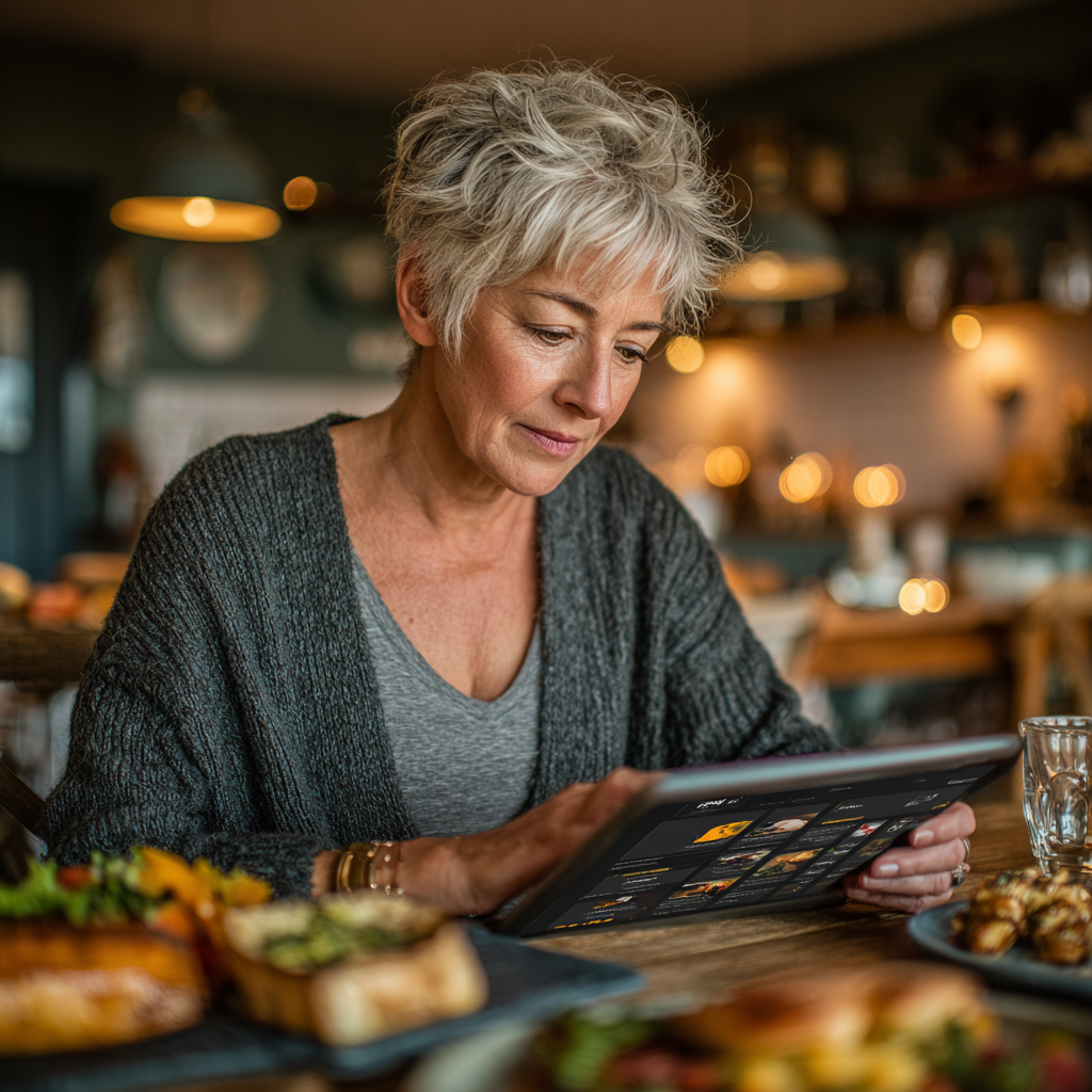 Жінка 55 років обирає цілі харчування на планшеті, сидячи за кухонним столом